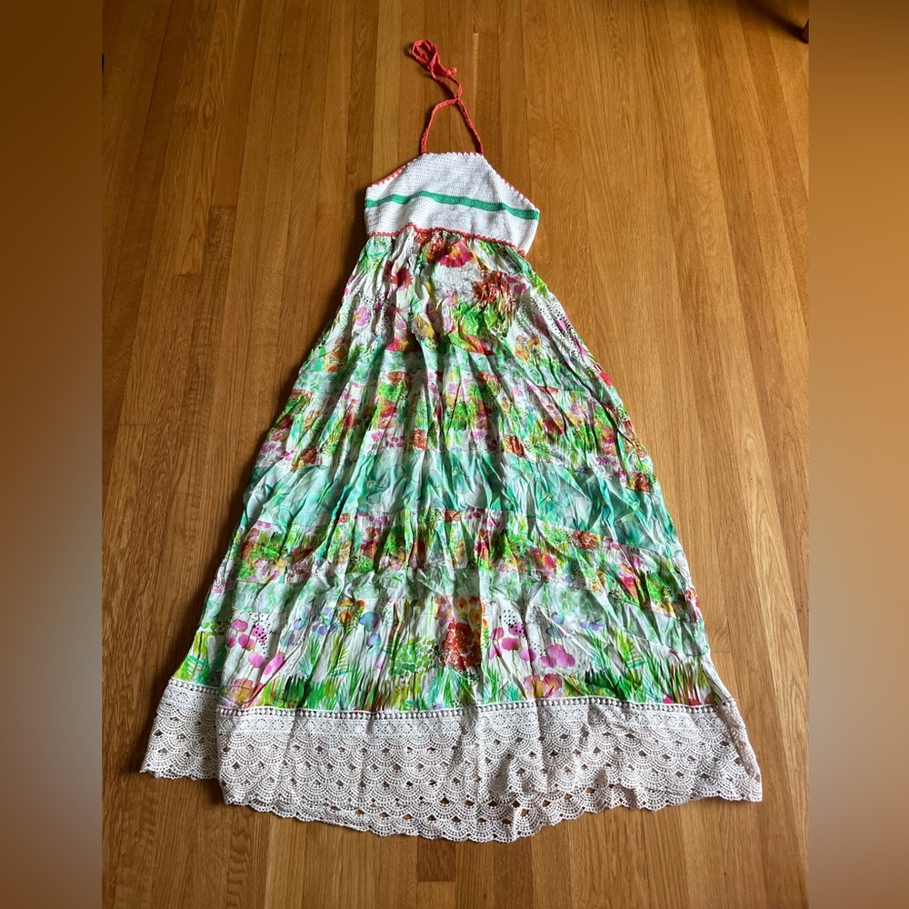 NEW: Farm Rio Halter crochet watercolor floral maxi dress size M - Picture 8 of 8